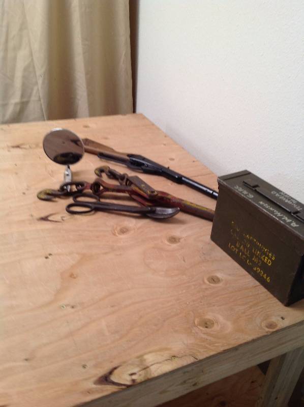 lot 16 image: Pellet Gun, Ammo Box, Old Car Mirror, Chain Tightener