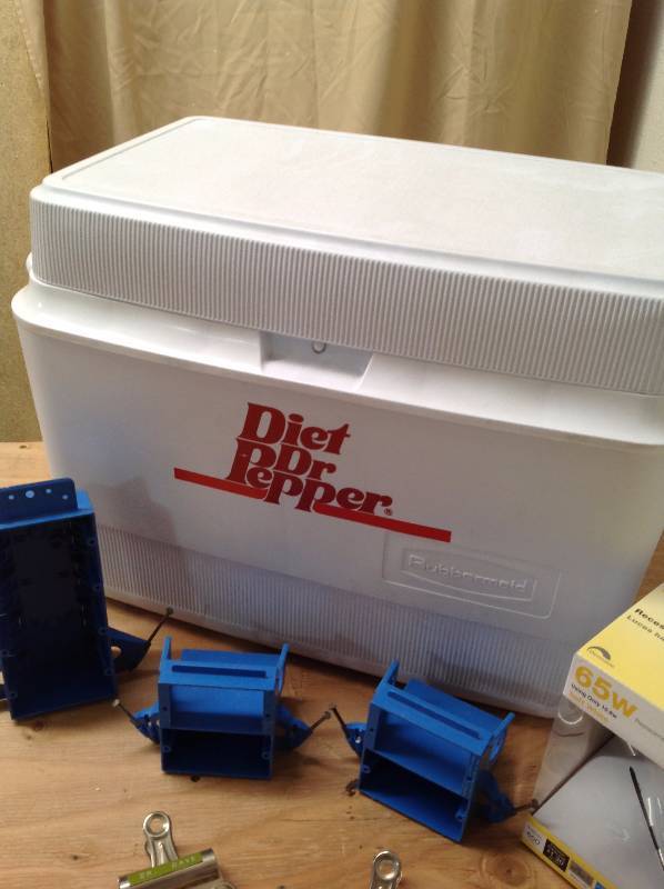 lot 18 image: Diet Dr. Pepper Cooler, One Recessed Retrofit Down Lights, 3- Outlet Boxes, and 4 Metal Clips