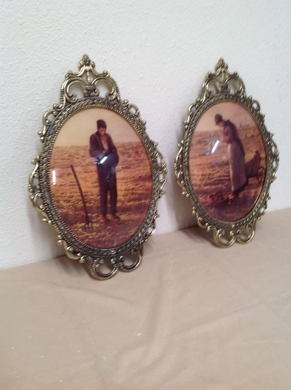 lot 45 image: two vintage metal picture frames with curved glass old farmer and wife.