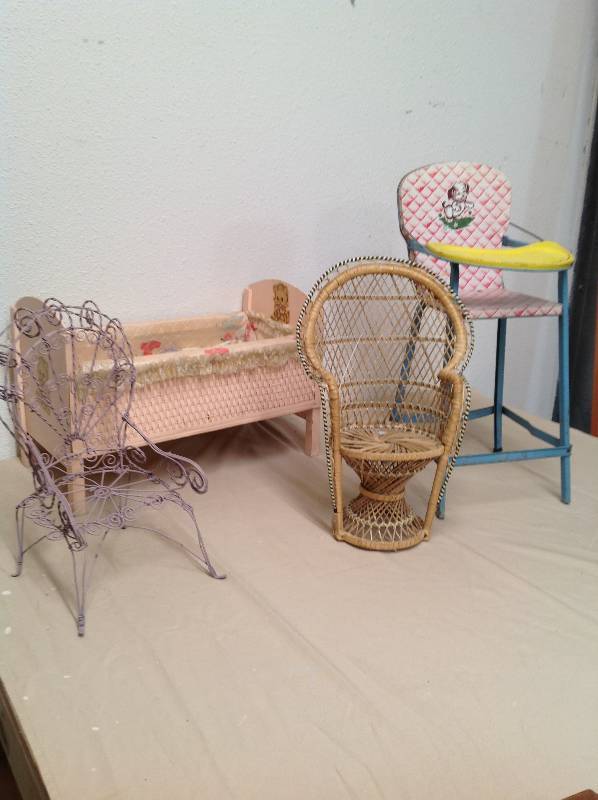 lot 62 image: Doll furniture 3 chairs, highchair, wooden crib