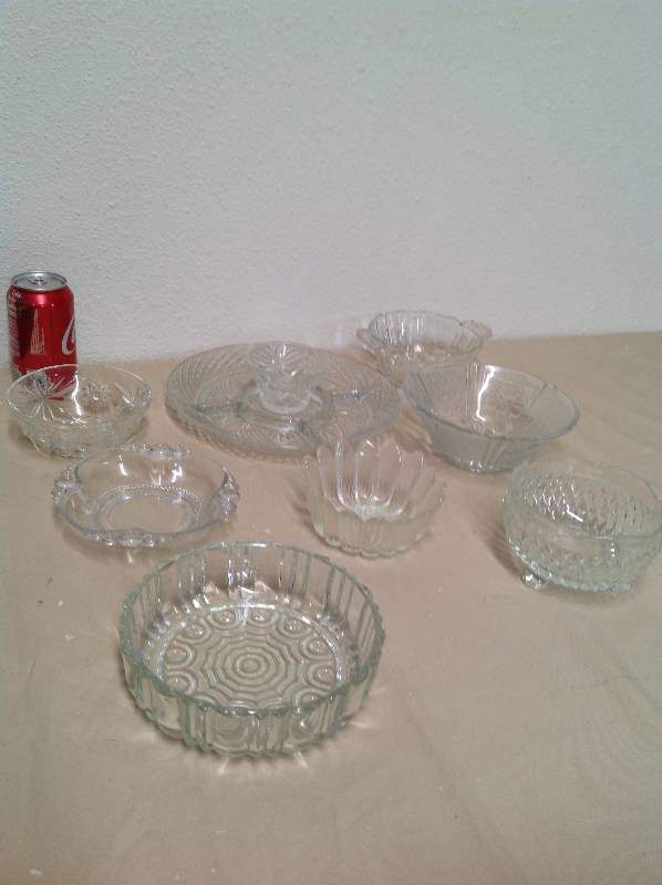 lot 73 image: Glass ware Candy dish, relish dish with dip dish and others