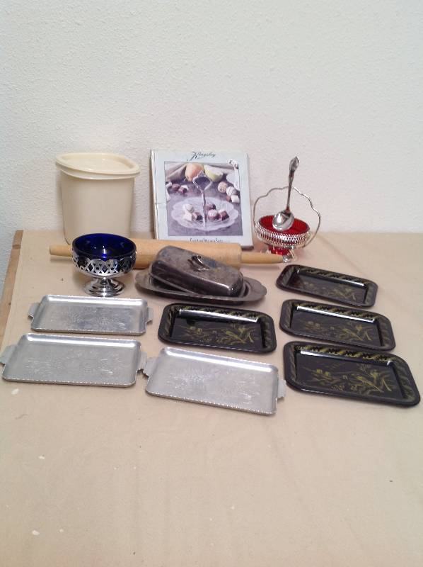 lot 78 image: 4 bird tins, 3 fruit tins, silver plated food dishes, silver plated butter dish and candy dish