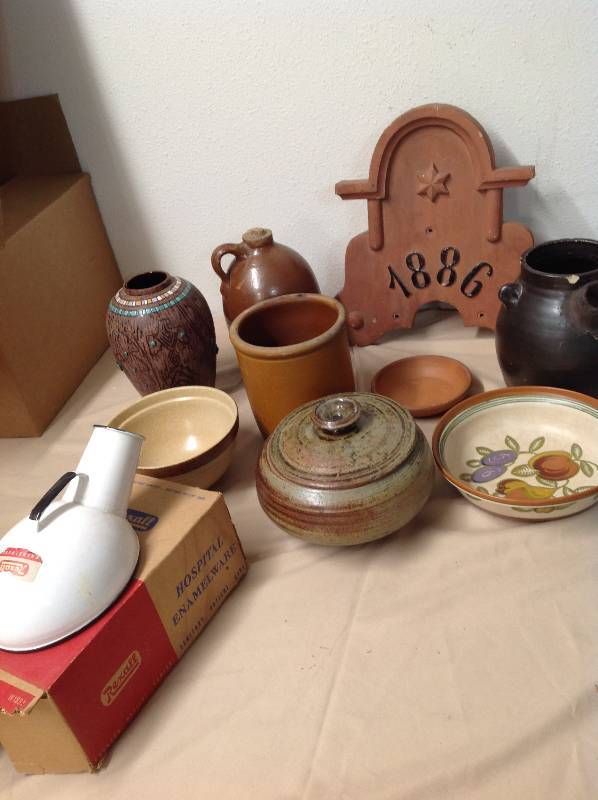 lot 94 image: Clay Pots, and Bowls. Hospital Enamel Ware