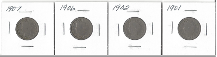 Four Liberty Head Nickels - 1901, 1902, 1906, & 1907