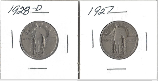 Two Standing Liberty Quarters - 1927 & 1928-D