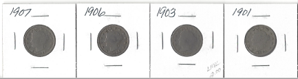 Four Liberty Head Nickels - 1901, 1903, 1906, & 1907