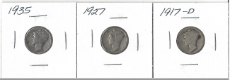 Three Different Mercury Dimes - 1917-D, 1927, & 1935