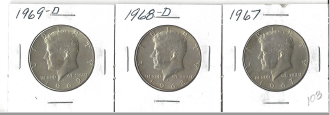 Three Different Kennedy Half Dollars - 1967, 1968-D, & 1969-D