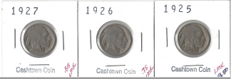 Three Different Buffalo Nickels - 1925, 1926, & 1927