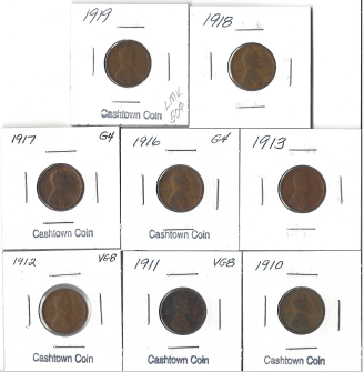 8 Different Lincoln Wheat Cents - 1910, 1911, 1912, 1913, 1916, 1917, 1918, & 1919