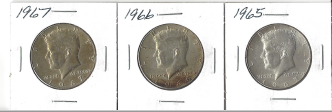 Three Different Kennedy Half Dollars - 1965, 1966, & 1967