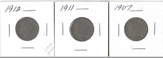 Three Different Liberty Head Nickels - 1907, 1911, & 1912