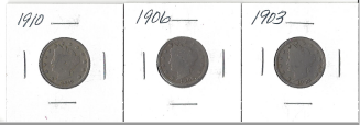 Three Different Liberty Head Nickels - 1903, 1906, & 1910