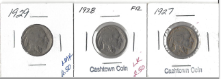 Three Different Buffalo Nickels - 1927, 1928, & 1929