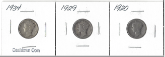 Three Different Mercury Dimes - 1920, 1929, & 1934
