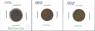 Three Different Indian Pennies - 1903, 1905, & 1906