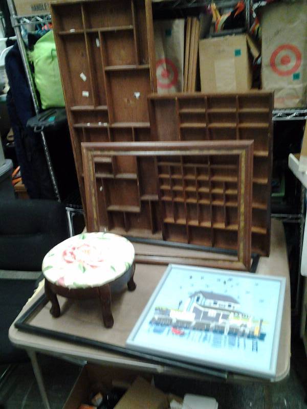 Small Stool, 2-Shadow Boxes, Framed Needlework, 2-Frames