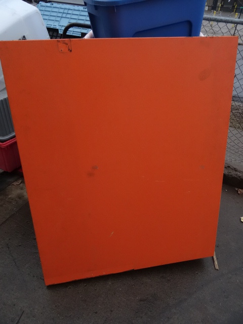 Orange 4 wheel wood cart. 48 x 40...