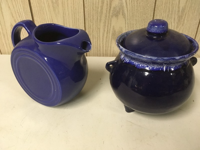lot 55 image: Blue Ceramic Pitcher & Cookie Jar