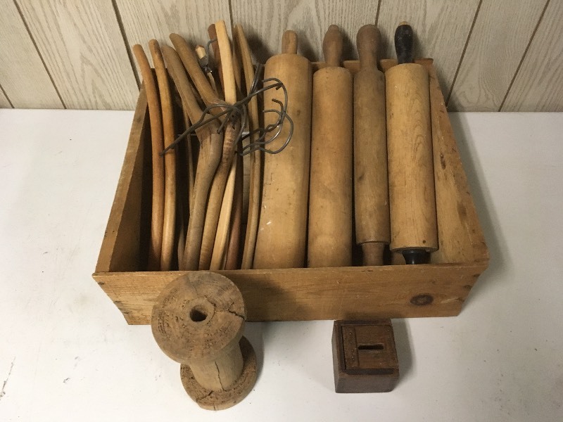 lot 60 image: Vintage Wood Rolling Pins, Hangers, Spool, Bank