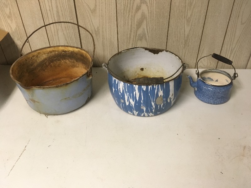 lot 65 image: Heavy Cast Enameled Pots & Teapot