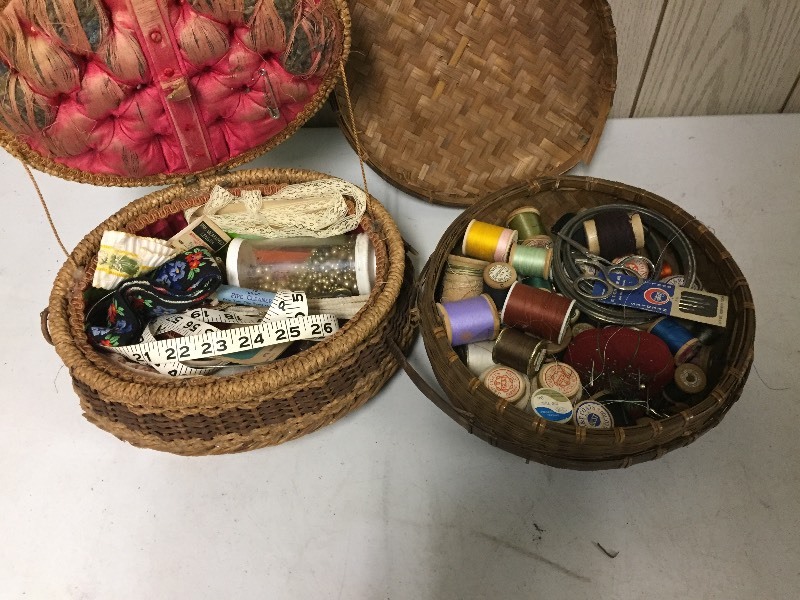 lot 38 image: Vintage Covered Sewing Baskets Full