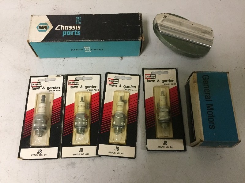 lot 43 image: GM & Napa Parts, Champion Sparkplugs, Vintage Gas Cover