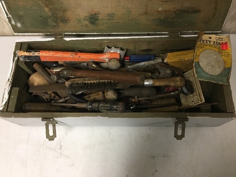 lot 50 image: Wooden Tool Box with Vintage Tools