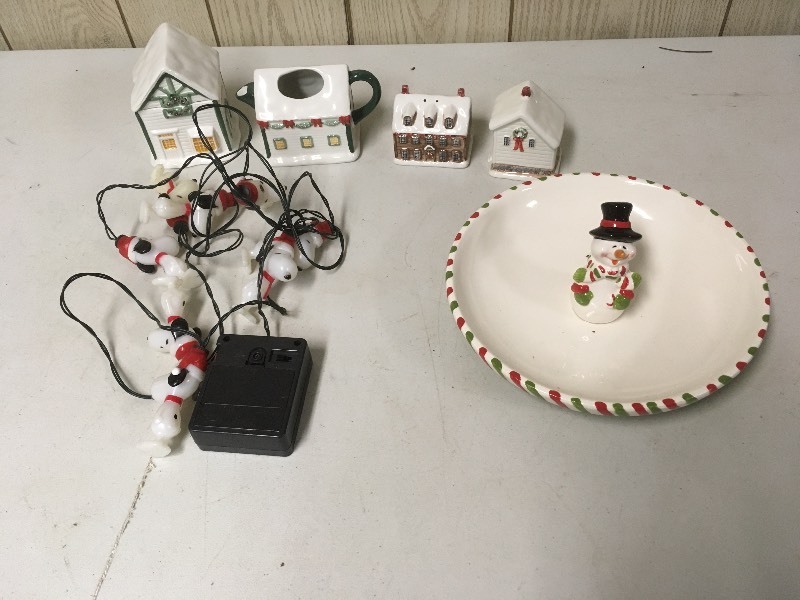 Snoopy Lights, Snowman Bowl, S&P, Creamer & Sugar