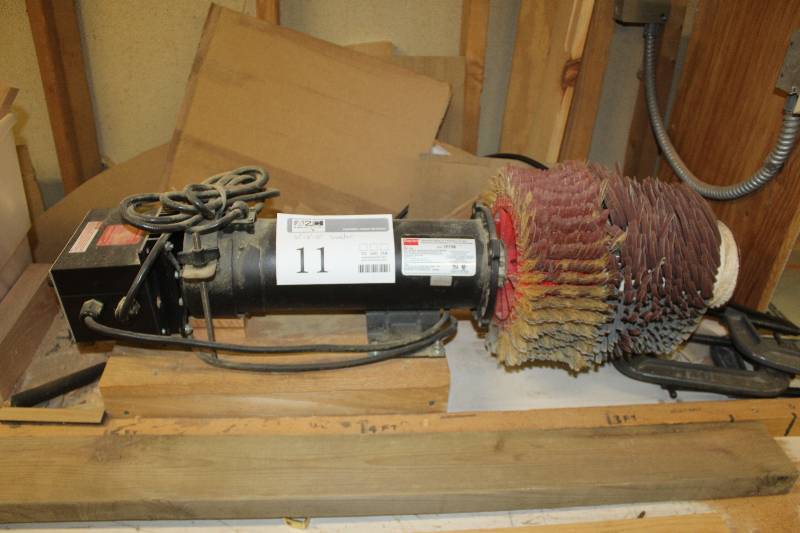 lot 11 image: Portable Profile Sander. Dayton #1F798 Adjustable Speed Motor w QuickWood Sanding Flap Brush system attached.
