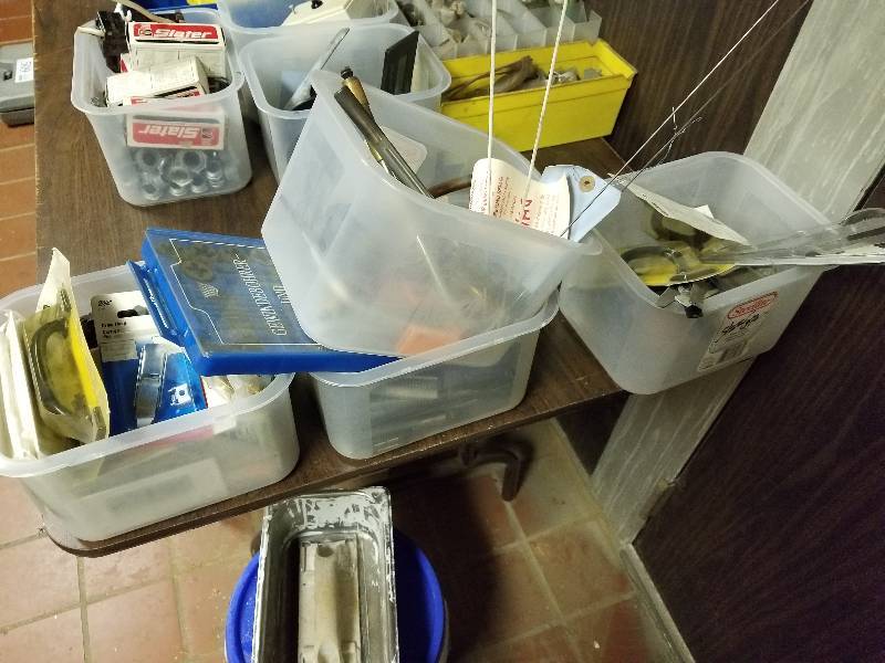 lot 508 image: Lot of (4) Bins of Misc Electrical, Tap Set, Switch Covers, Misc Tools