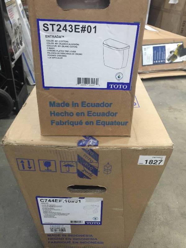 lot 17 image: Toto ST243W#01 Toilet Tank & Toto C744EF.10-01 Drake Elongated Bowl, Cotton OPEN BOX NEVER USED