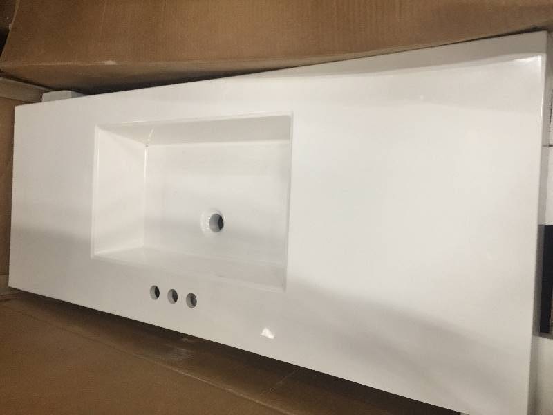 lot 24 image: 48 Oak Bathroom Vanity Single Sink White Marble Cabinet Top  WHIT SMALL DAMAGE ON THE BACK OPEN BOX NEVER USED
