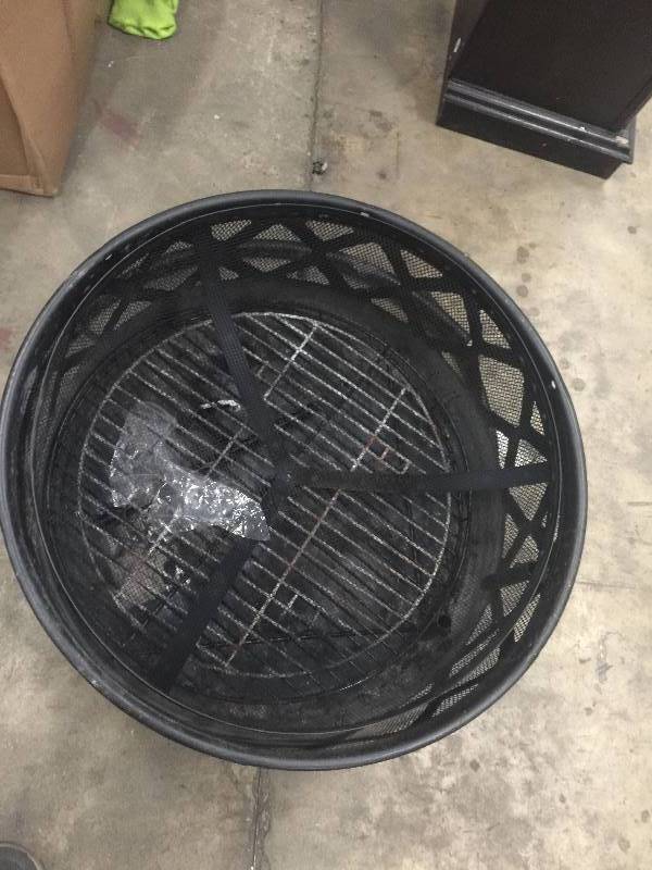 lot 25 image: Hampton Bay Crossfire 29.50 in. Steel Fire Pit with Cooking Grate, High Heat Paint USED