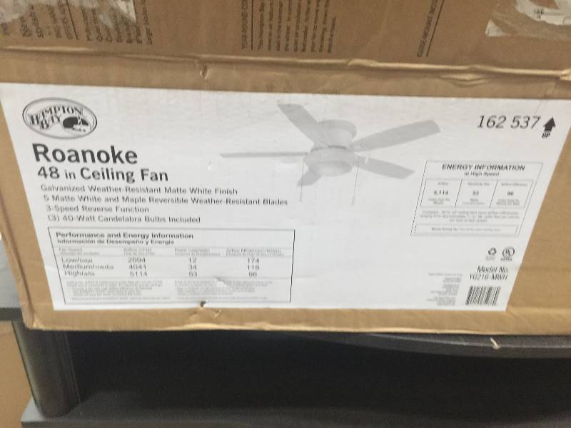 lot 28 image: Hampton Bay Ceiling Fan Roanoke 48 in. IndoorOutdoor White Ceiling Fan OPEN BOX NEVER USED