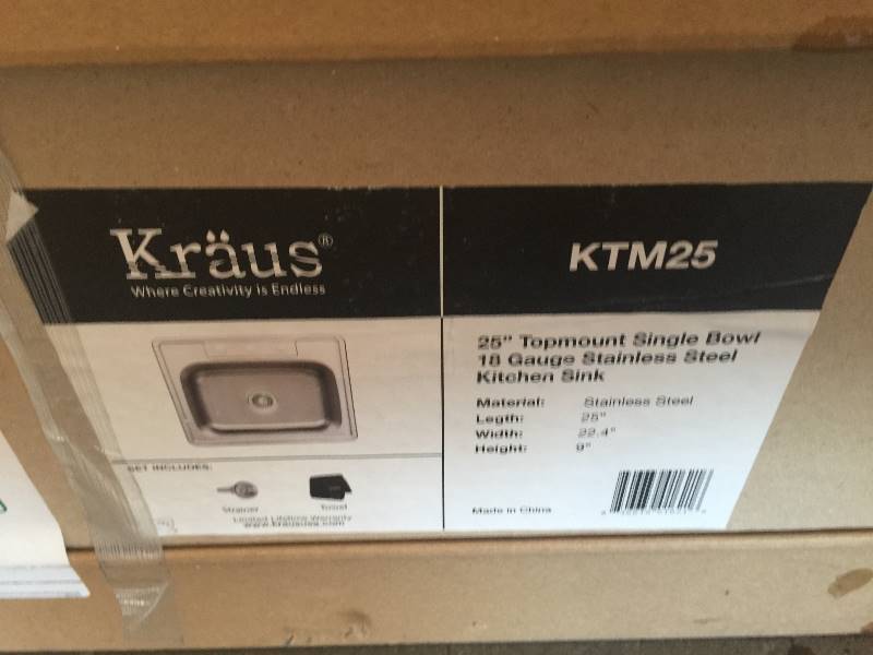 lot 33 image: Kraus 25 Topmount Single Bowl 18 Gauge Stainless Steel Kitchen Sink OPEN BOX NEVER USED