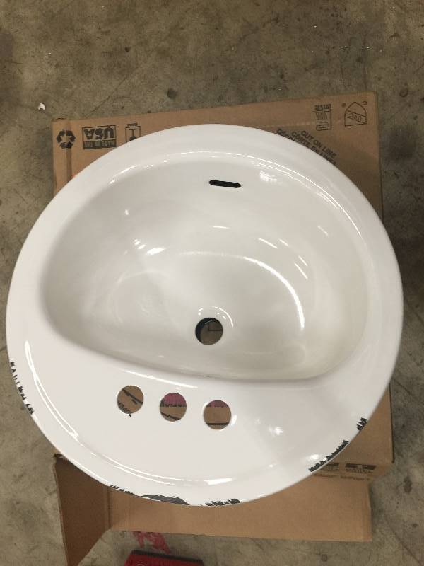 lot 40 image: Bootz Industries Bathroom Sink Round Steel 19 in. White OPEN BOX NEVER USED WHIT SMALL SCRATCH  ON THE SIDE