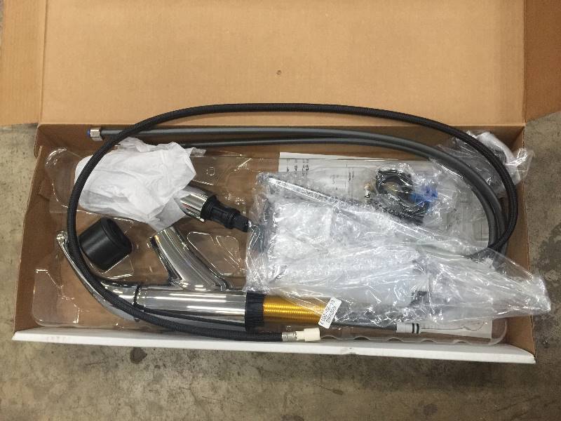 lot 48 image: Delta Palo Kitchen Faucet with Pullout Spray and Sooap Dispenser OPEN BOX NEVER USED