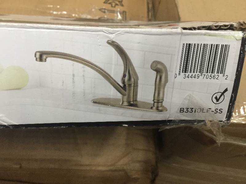 lot 49 image: Delta B3310LF-SS Foundations Core-B Single Handle Kitchen Faucet with Integral Spray Stainless Steel OPEN BOX NEVER USED