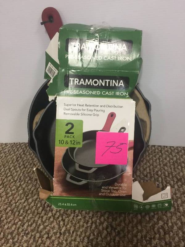 lot 75 image: Tramontina 2 Piece Cast Iron Skillets Skillet - 1136435  open box never used