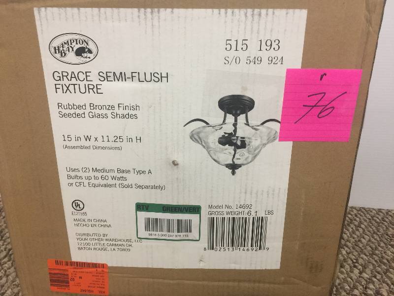 lot 76 image: Hampton Bay Grace Semi-Flush Mount Fixture (Rubbed Bronze Finish) 515193  open box never used
