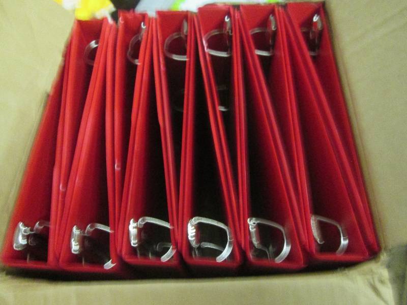 lot 138 image: 12 -1 inch red 3-ring binders 3 are...