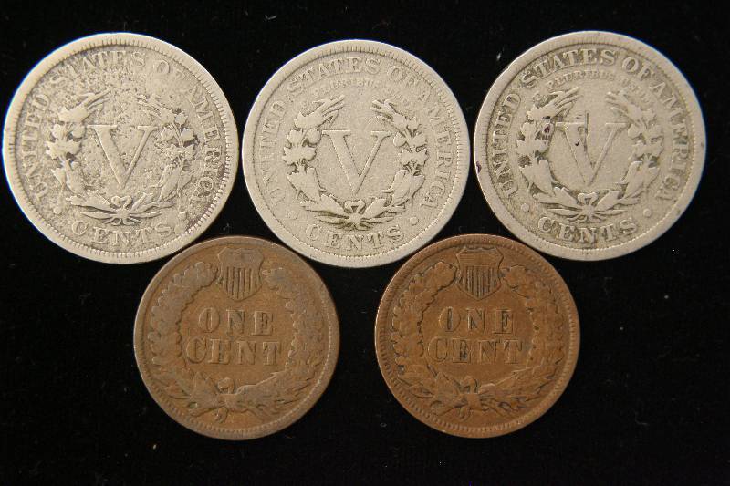 5 COINS 3 LIBERTY V NICKELS 1899, 1905, 1910 & 1889, 1899 INDIAN HEAD CENTS