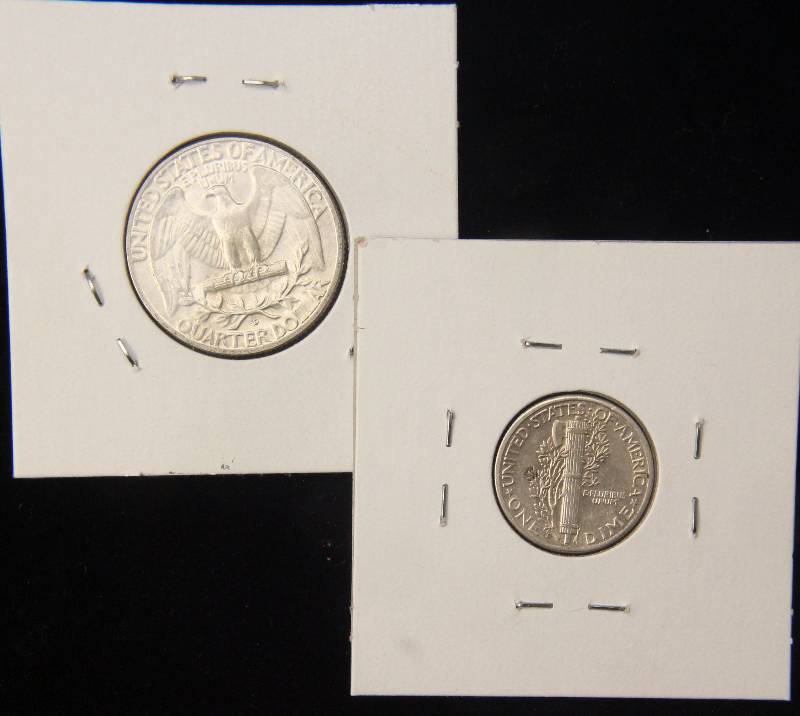 1958-D WASHINGTON QUARTER UNC & 1945-D MERCURY DIME UNC