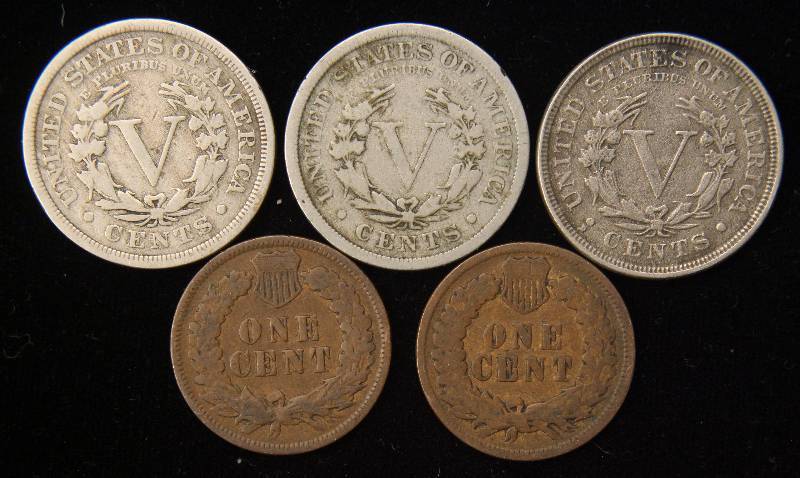 5 COINS 3 LIBERTY V NICKELS 1909, 1911, 1912-D & 1896, 1897 INDIAN HEAD CENTS