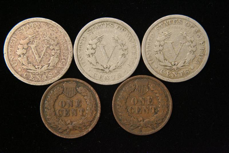 5 COINS 3 LIBERTY V NICKELS 1902, 1904, 1907 & 1896, 1899 INDIAN HEAD CENTS