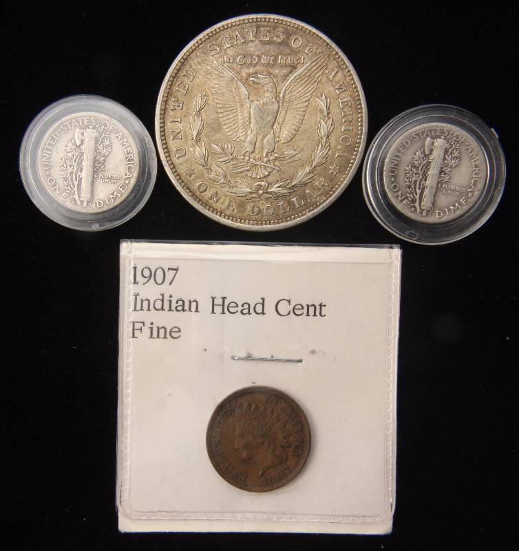 1921 MORGAN DOLLAR, 1907 INDIAN HEAD 1C, 1937-D, 1944-S MERCURY DIMES