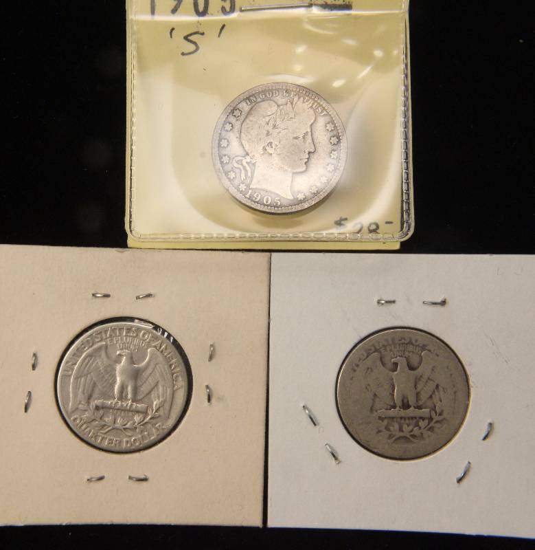 3 SILVER QUARTERS 1905-S BARBER VG 1934 & 1957 WASHINGTON