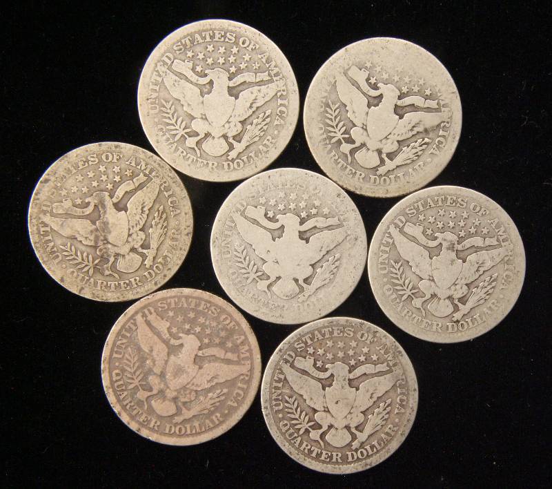 GROUP OF 7 MIXED DATE BARBER SILVER QUARTERS