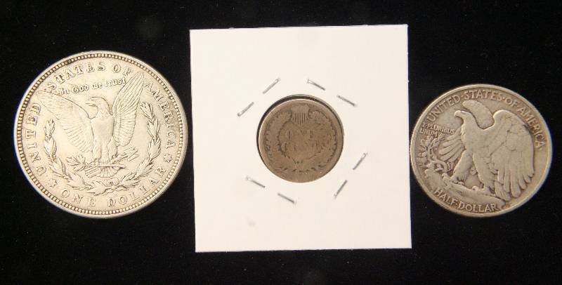 1921 MORGAN DOLLAR, 1942 WALKING LIBERTY 50C & 1862 INDIAN HEAD 1C
